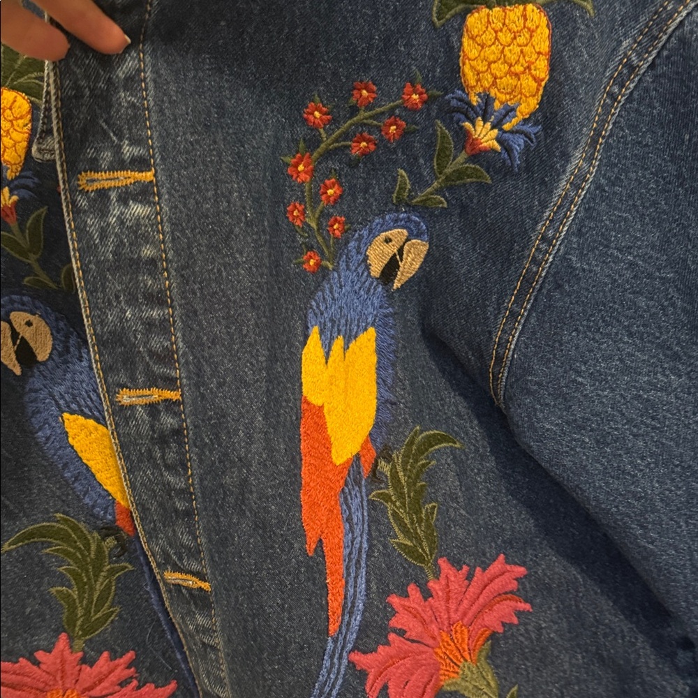 Embroidered Denim Jacket with Parrot Design - Picture 3 of 5
